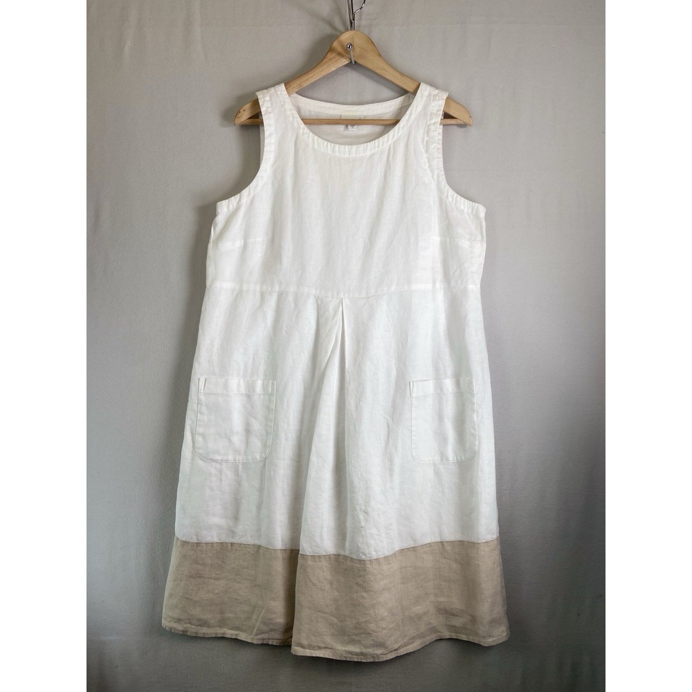 J Jill LoveLinen Dress Womens M White Beige Sleeveless Pockets Minimalist Summer